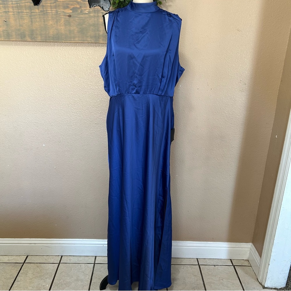 Lulus Classic Elegance Blue Satin Sleeveless Mock Neck Maxi Dress - Picture 2 of 8